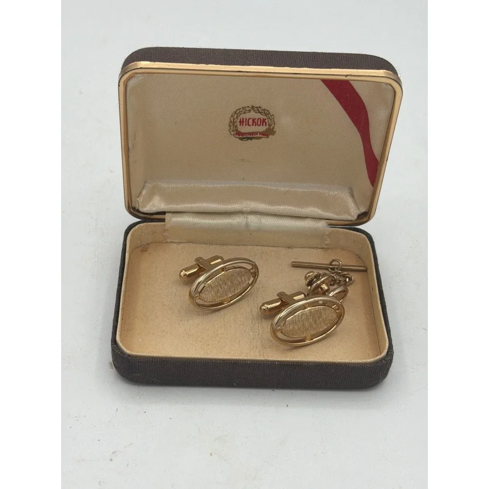 Vintage Hickok Cufflinks & Tie Tack Set Mid-Century MCM Gold Tone Textured Boxed